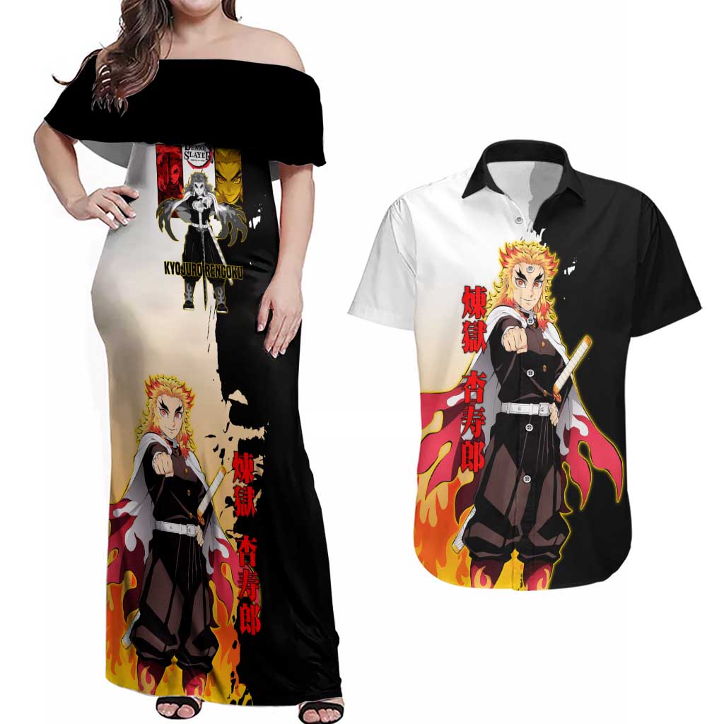 Kyojuro Rengoku from Demon Slayer Couples Matching Off Shoulder Maxi Dress and Hawaiian Shirt with Black and White Split Design and Fiery Manga Panel Background - The Mazicc