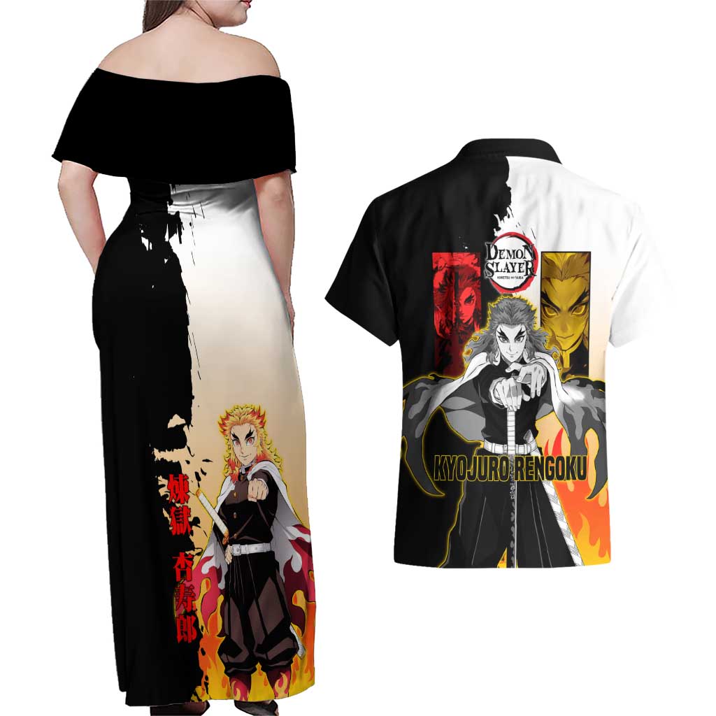 Kyojuro Rengoku from Demon Slayer Couples Matching Off Shoulder Maxi Dress and Hawaiian Shirt with Black and White Split Design and Fiery Manga Panel Background - The Mazicc