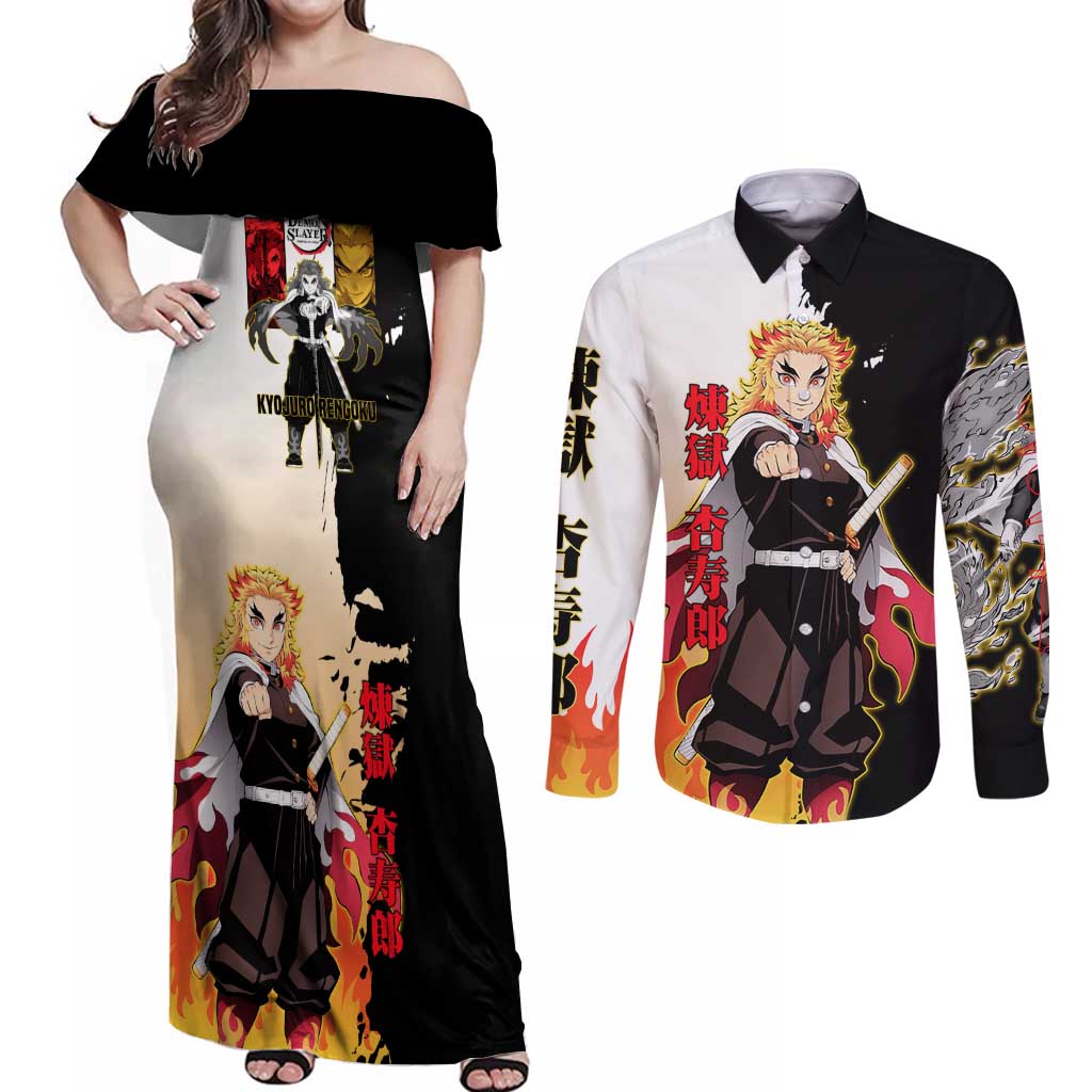 Kyojuro Rengoku from Demon Slayer Couples Matching Off Shoulder Maxi Dress and Long Sleeve Button Shirt with Black and White Split Design and Fiery Manga Panel Background - The Mazicc