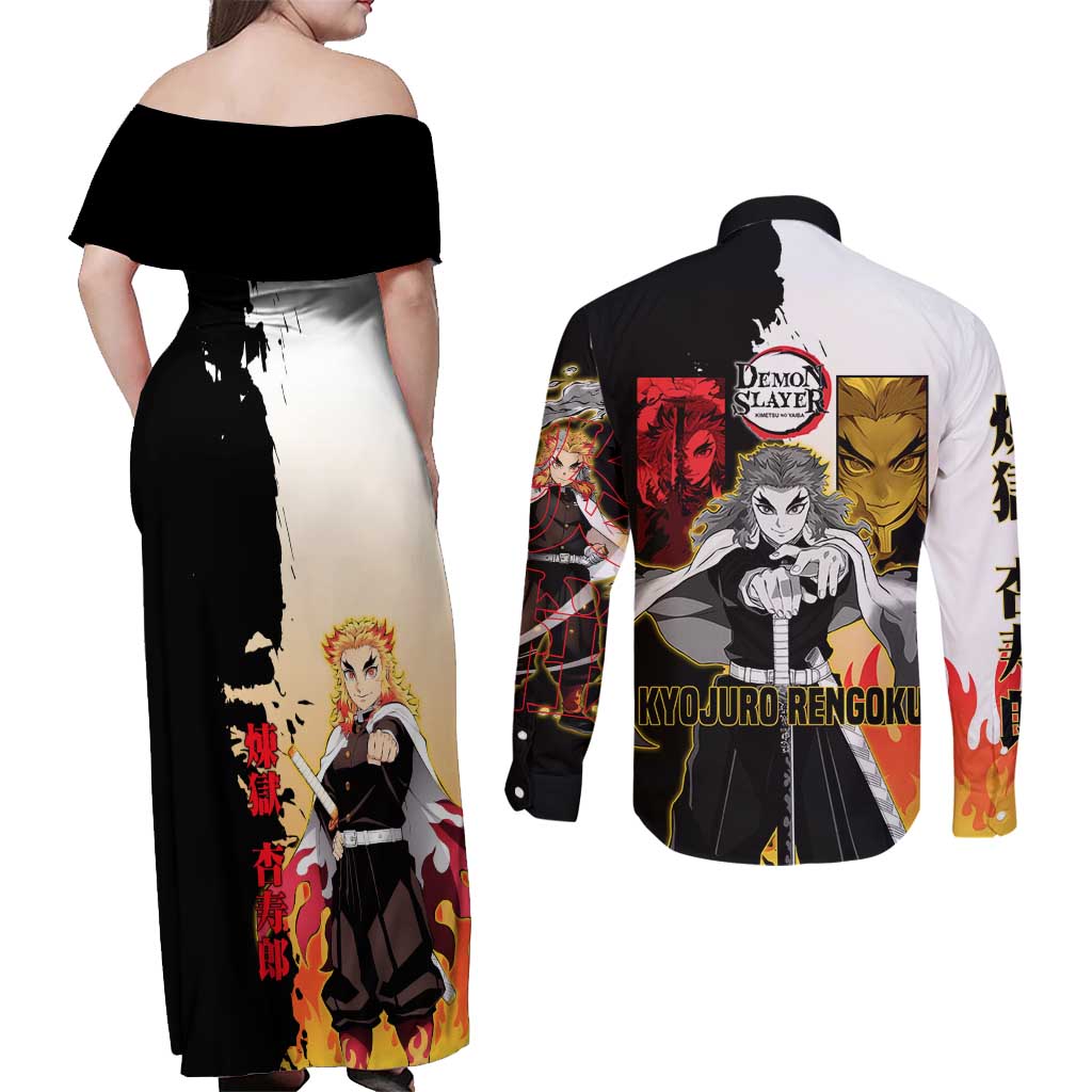 Kyojuro Rengoku from Demon Slayer Couples Matching Off Shoulder Maxi Dress and Long Sleeve Button Shirt with Black and White Split Design and Fiery Manga Panel Background - The Mazicc