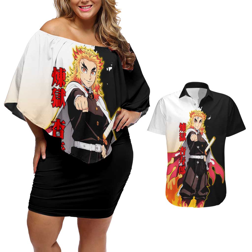 Kyojuro Rengoku from Demon Slayer Couples Matching Off Shoulder Short Dress and Hawaiian Shirt with Black and White Split Design and Fiery Manga Panel Background - The Mazicc