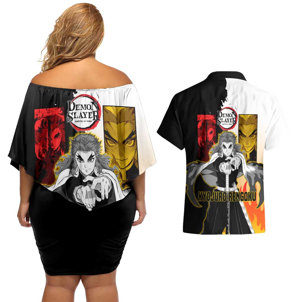 Kyojuro Rengoku from Demon Slayer Couples Matching Off Shoulder Short Dress and Hawaiian Shirt with Black and White Split Design and Fiery Manga Panel Background - The Mazicc