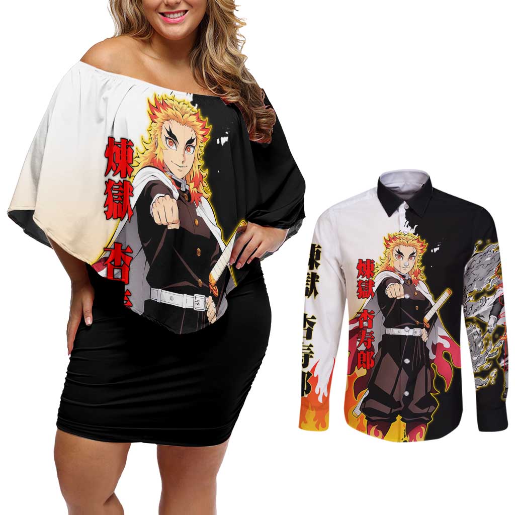 Kyojuro Rengoku from Demon Slayer Couples Matching Off Shoulder Short Dress and Long Sleeve Button Shirt with Black and White Split Design and Fiery Manga Panel Background - The Mazicc