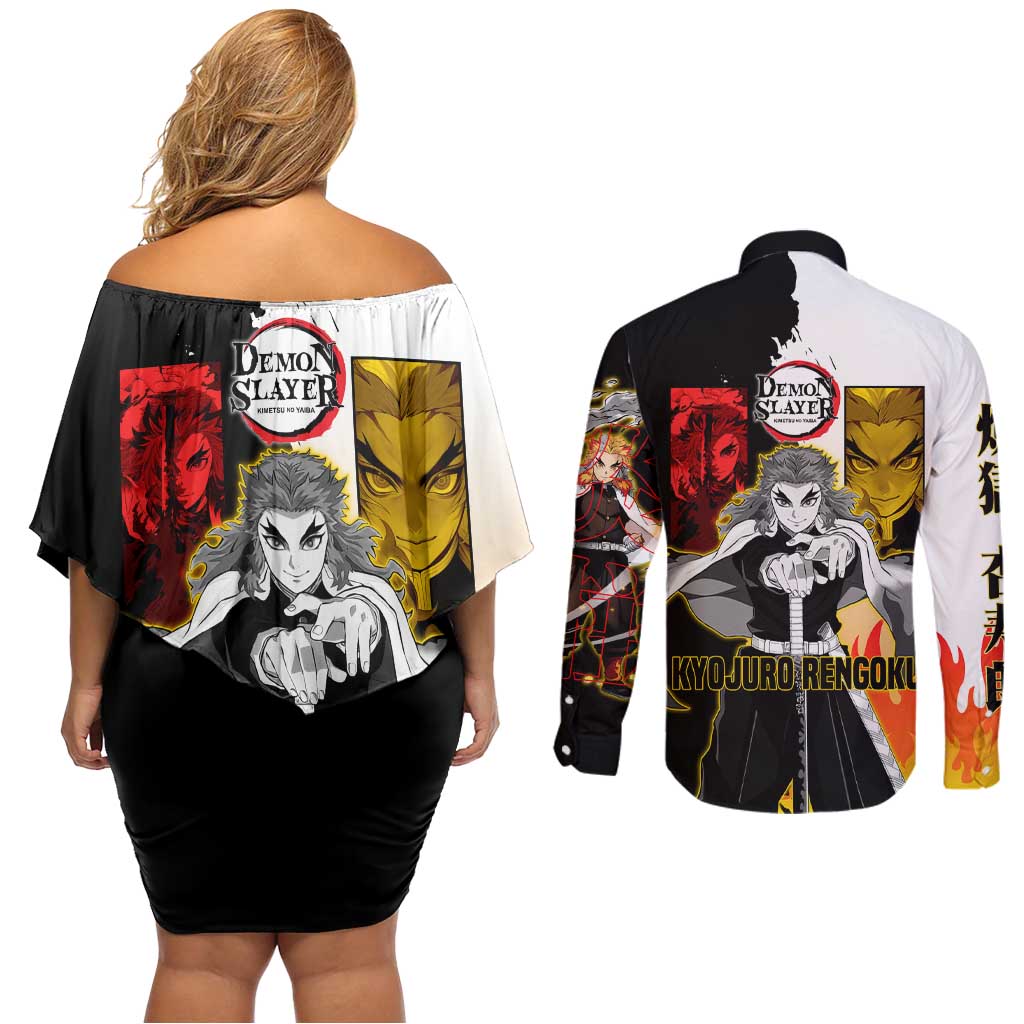 Kyojuro Rengoku from Demon Slayer Couples Matching Off Shoulder Short Dress and Long Sleeve Button Shirt with Black and White Split Design and Fiery Manga Panel Background - The Mazicc