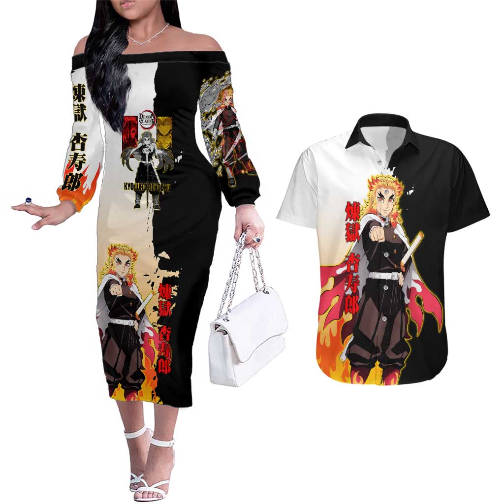 Kyojuro Rengoku from Demon Slayer Couples Matching Off The Shoulder Long Sleeve Dress and Hawaiian Shirt with Black and White Split Design and Fiery Manga Panel Background - The Mazicc