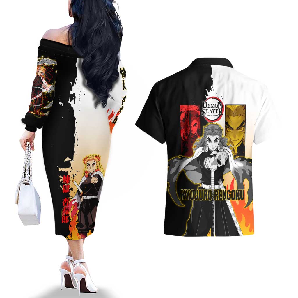 Kyojuro Rengoku from Demon Slayer Couples Matching Off The Shoulder Long Sleeve Dress and Hawaiian Shirt with Black and White Split Design and Fiery Manga Panel Background - The Mazicc