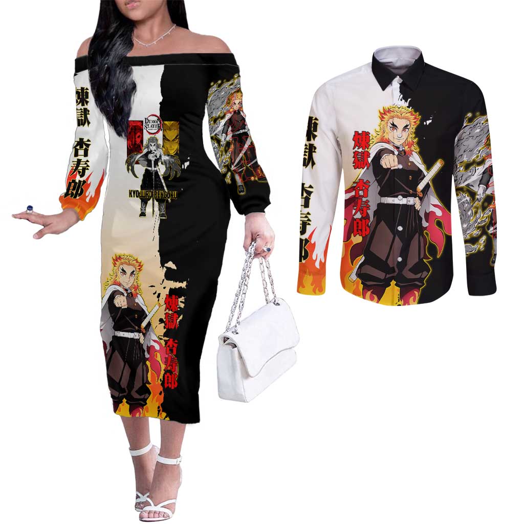 Kyojuro Rengoku from Demon Slayer Couples Matching Off The Shoulder Long Sleeve Dress and Long Sleeve Button Shirt with Black and White Split Design and Fiery Manga Panel Background - The Mazicc