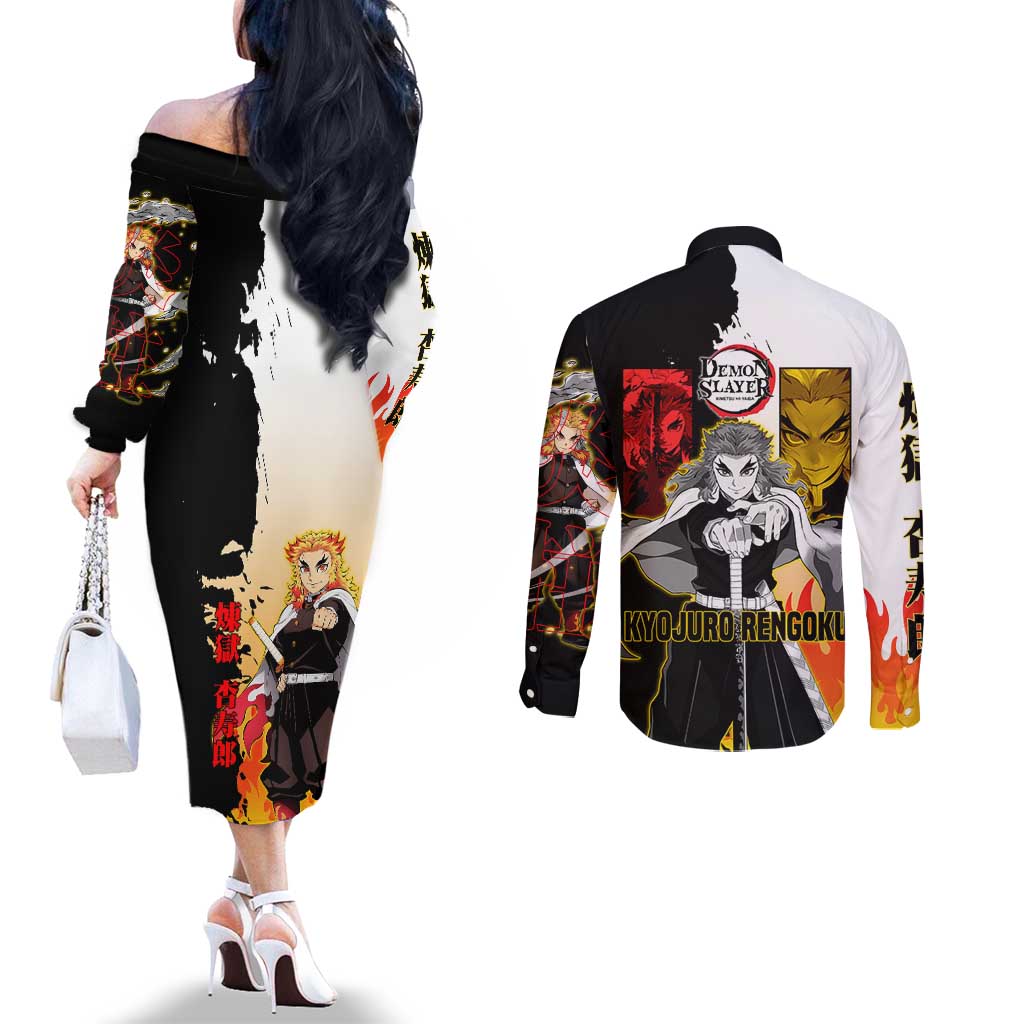 Kyojuro Rengoku from Demon Slayer Couples Matching Off The Shoulder Long Sleeve Dress and Long Sleeve Button Shirt with Black and White Split Design and Fiery Manga Panel Background - The Mazicc