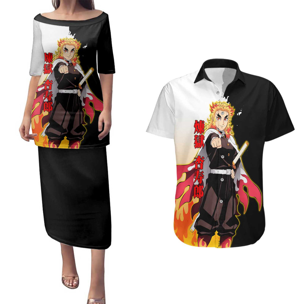 Kyojuro Rengoku from Demon Slayer Couples Matching Puletasi and Hawaiian Shirt with Black and White Split Design and Fiery Manga Panel Background - The Mazicc