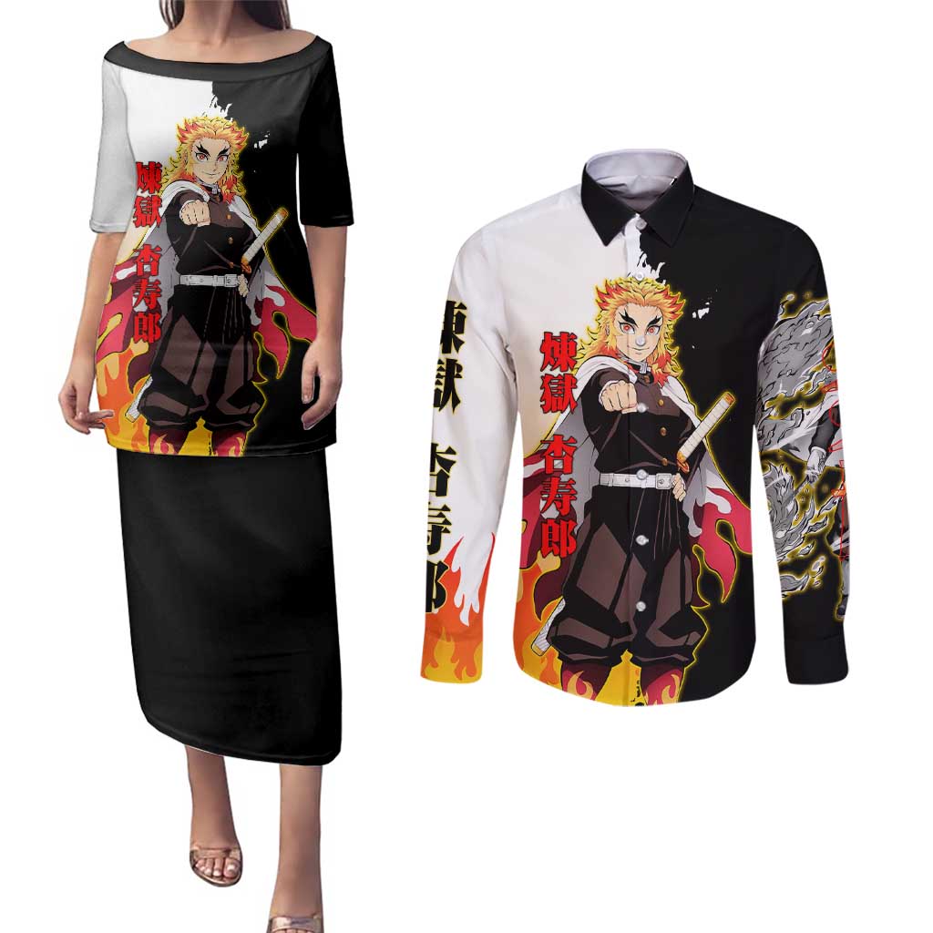 Kyojuro Rengoku from Demon Slayer Couples Matching Puletasi and Long Sleeve Button Shirt with Black and White Split Design and Fiery Manga Panel Background - The Mazicc