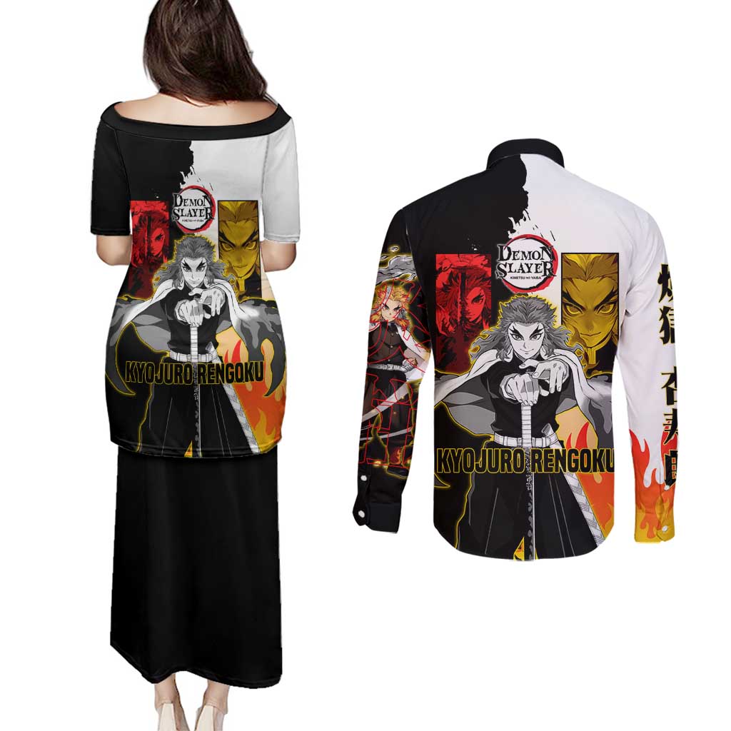 Kyojuro Rengoku from Demon Slayer Couples Matching Puletasi and Long Sleeve Button Shirt with Black and White Split Design and Fiery Manga Panel Background - The Mazicc