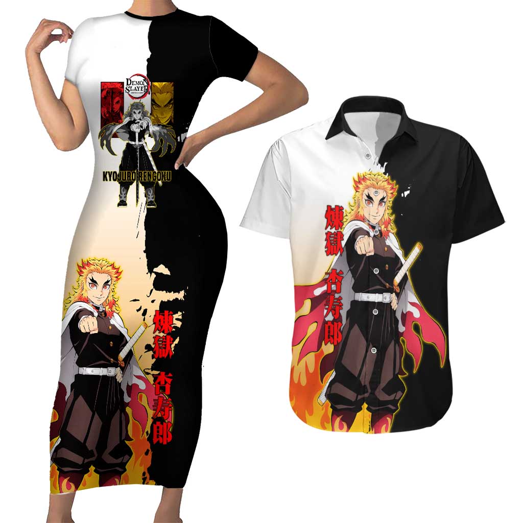 Kyojuro Rengoku from Demon Slayer Couples Matching Short Sleeve Bodycon Dress and Hawaiian Shirt with Black and White Split Design and Fiery Manga Panel Background - The Mazicc
