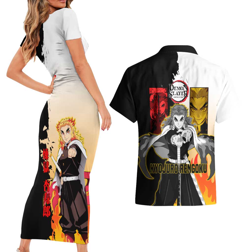 Kyojuro Rengoku from Demon Slayer Couples Matching Short Sleeve Bodycon Dress and Hawaiian Shirt with Black and White Split Design and Fiery Manga Panel Background - The Mazicc