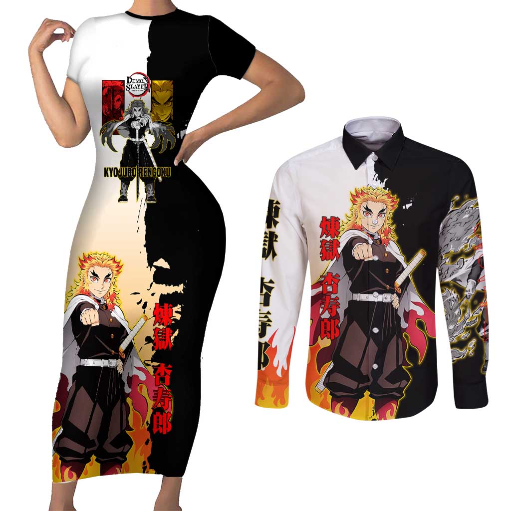 Kyojuro Rengoku from Demon Slayer Couples Matching Short Sleeve Bodycon Dress and Long Sleeve Button Shirt with Black and White Split Design and Fiery Manga Panel Background - The Mazicc