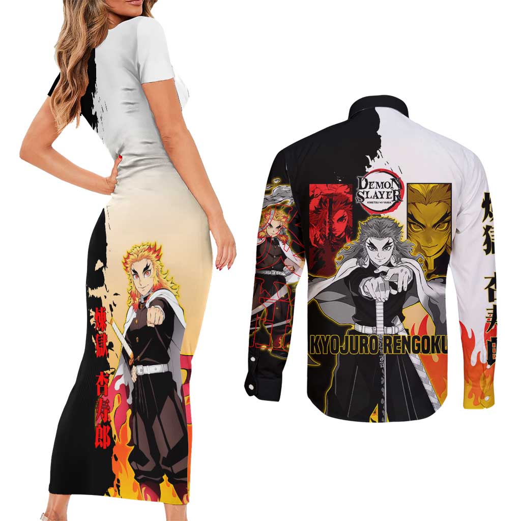 Kyojuro Rengoku from Demon Slayer Couples Matching Short Sleeve Bodycon Dress and Long Sleeve Button Shirt with Black and White Split Design and Fiery Manga Panel Background - The Mazicc