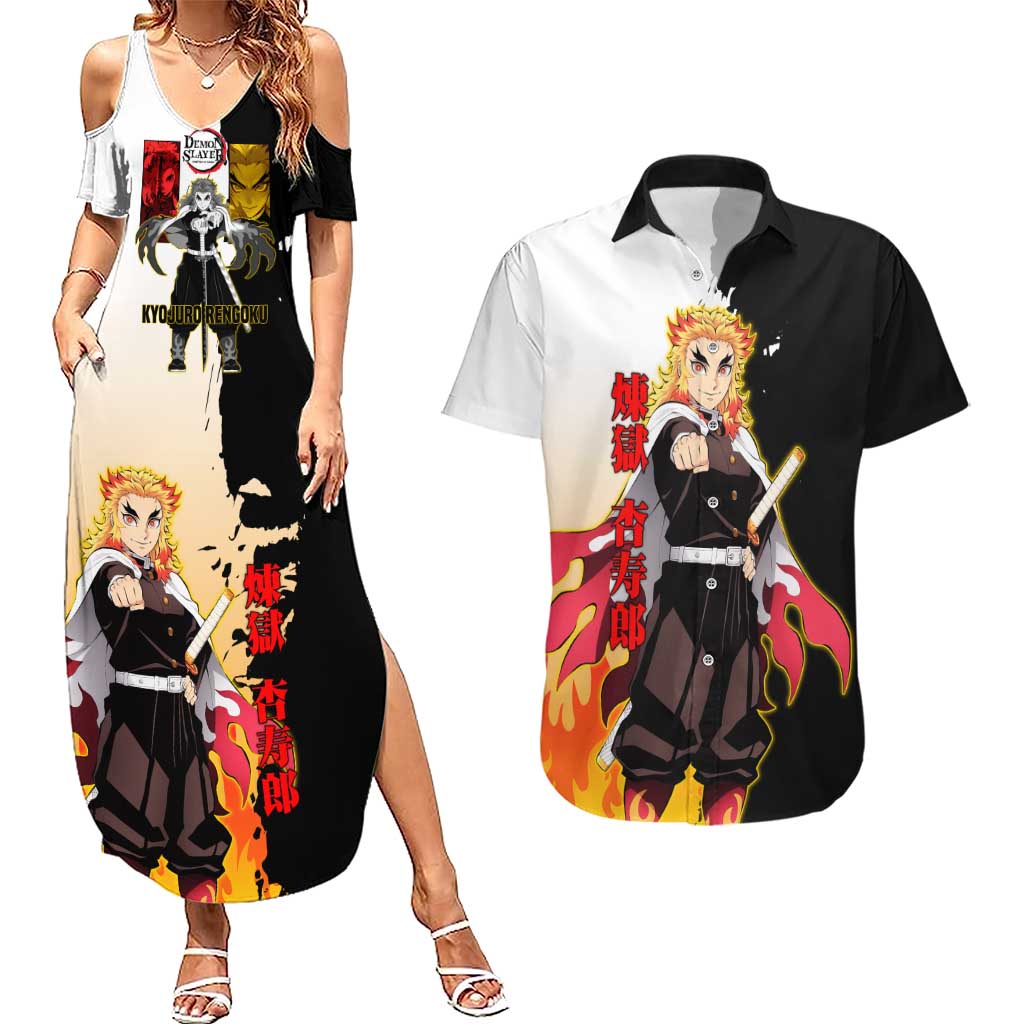 Kyojuro Rengoku from Demon Slayer Couples Matching Summer Maxi Dress and Hawaiian Shirt with Black and White Split Design and Fiery Manga Panel Background - The Mazicc