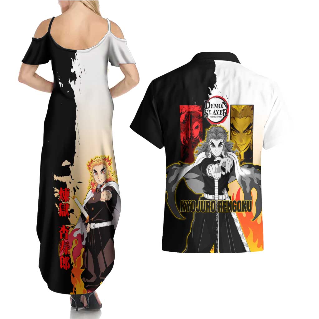 Kyojuro Rengoku from Demon Slayer Couples Matching Summer Maxi Dress and Hawaiian Shirt with Black and White Split Design and Fiery Manga Panel Background - The Mazicc