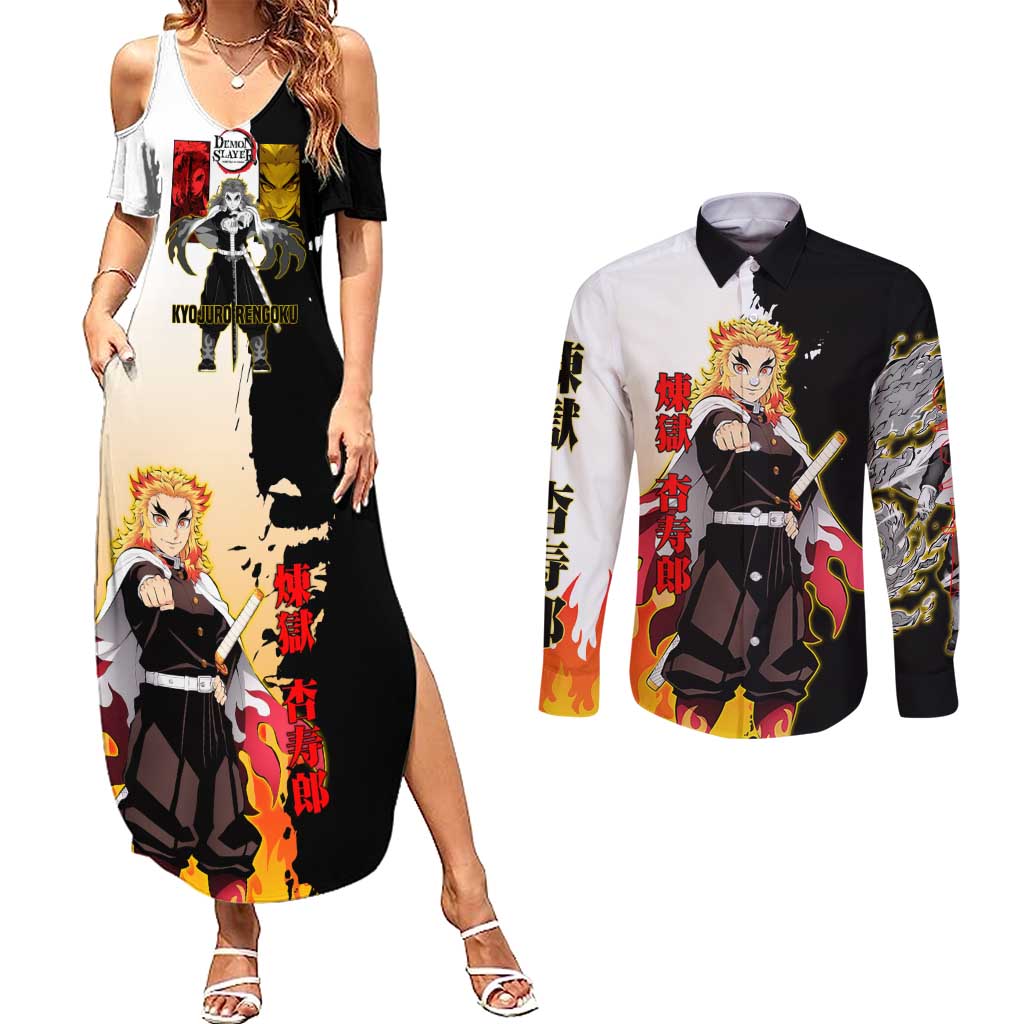 Kyojuro Rengoku from Demon Slayer Couples Matching Summer Maxi Dress and Long Sleeve Button Shirt with Black and White Split Design and Fiery Manga Panel Background - The Mazicc
