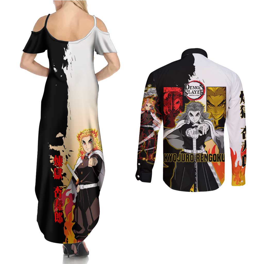 Kyojuro Rengoku from Demon Slayer Couples Matching Summer Maxi Dress and Long Sleeve Button Shirt with Black and White Split Design and Fiery Manga Panel Background - The Mazicc
