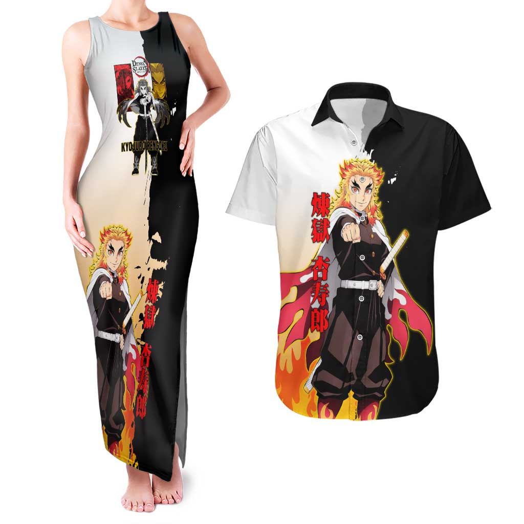 Kyojuro Rengoku from Demon Slayer Couples Matching Tank Maxi Dress and Hawaiian Shirt with Black and White Split Design and Fiery Manga Panel Background - The Mazicc