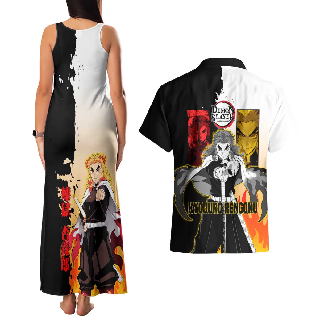 Kyojuro Rengoku from Demon Slayer Couples Matching Tank Maxi Dress and Hawaiian Shirt with Black and White Split Design and Fiery Manga Panel Background - The Mazicc