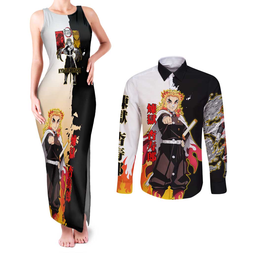 Kyojuro Rengoku from Demon Slayer Couples Matching Tank Maxi Dress and Long Sleeve Button Shirt with Black and White Split Design and Fiery Manga Panel Background - The Mazicc
