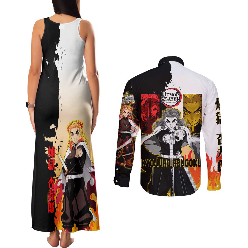Kyojuro Rengoku from Demon Slayer Couples Matching Tank Maxi Dress and Long Sleeve Button Shirt with Black and White Split Design and Fiery Manga Panel Background - The Mazicc