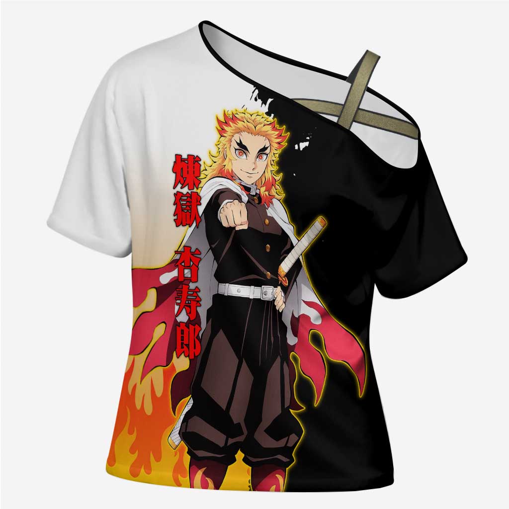 Kyojuro Rengoku from Demon Slayer Cross Shoulder Shirt with Black and White Split Design and Fiery Manga Panel Background - The Mazicc