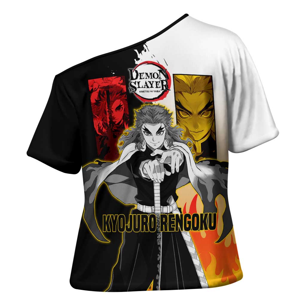 Kyojuro Rengoku from Demon Slayer Cross Shoulder Shirt with Black and White Split Design and Fiery Manga Panel Background - The Mazicc