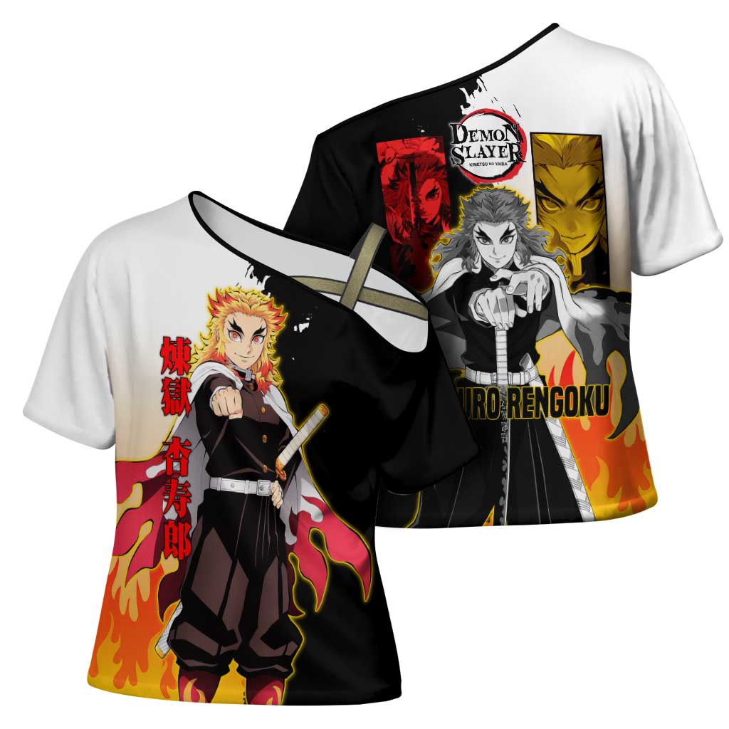 Kyojuro Rengoku from Demon Slayer Cross Shoulder Shirt with Black and White Split Design and Fiery Manga Panel Background - The Mazicc