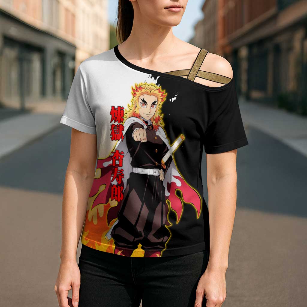 Kyojuro Rengoku from Demon Slayer Cross Shoulder Shirt with Black and White Split Design and Fiery Manga Panel Background - The Mazicc