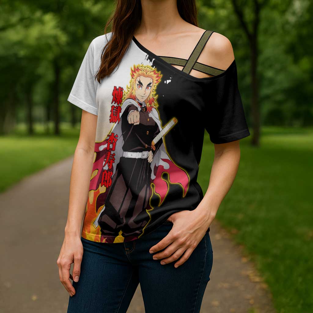 Kyojuro Rengoku from Demon Slayer Cross Shoulder Shirt with Black and White Split Design and Fiery Manga Panel Background - The Mazicc