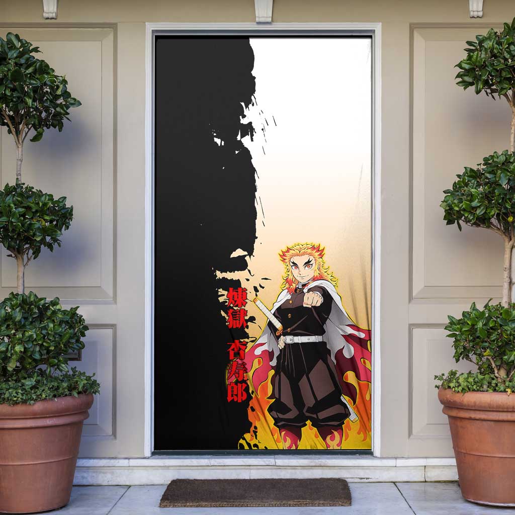 Kyojuro Rengoku from Demon Slayer Door Cover with Black and White Split Design and Fiery Manga Panel Background - The Mazicc