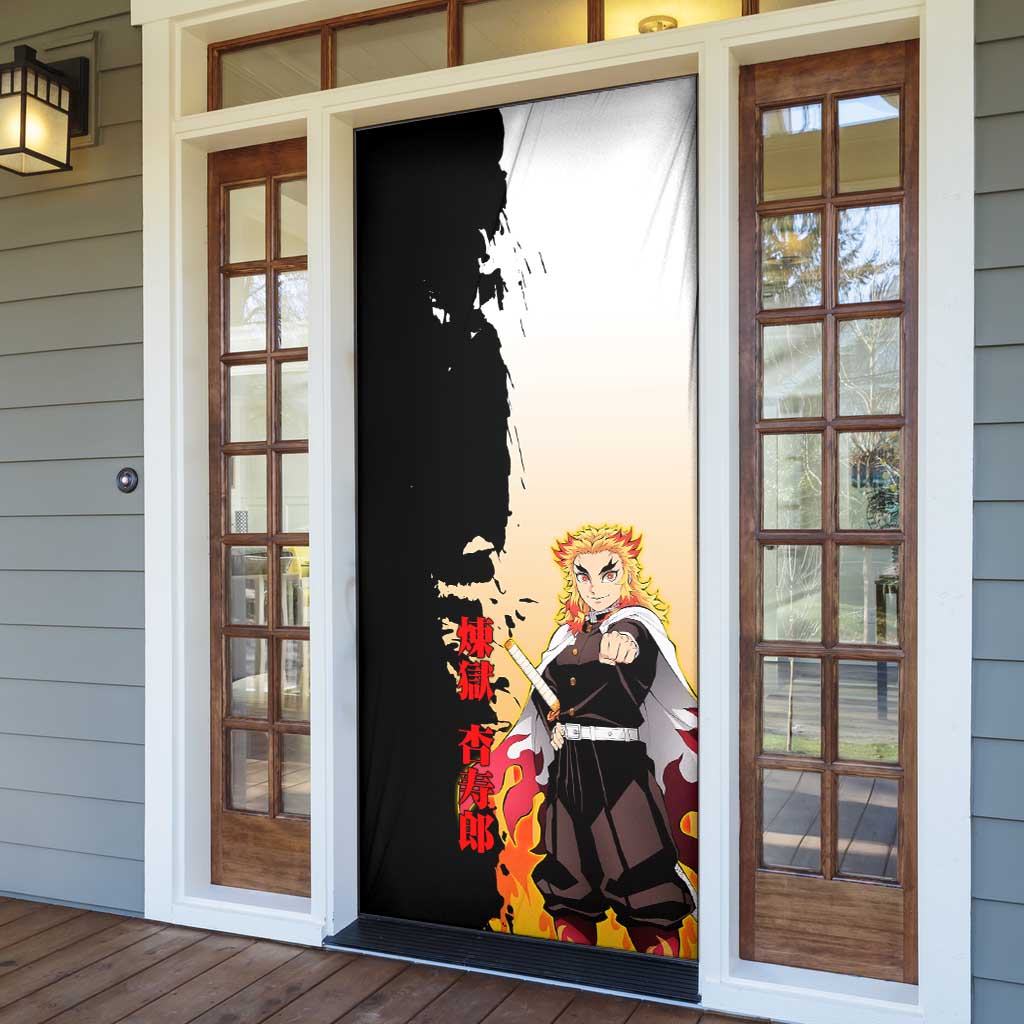 Kyojuro Rengoku from Demon Slayer Door Cover with Black and White Split Design and Fiery Manga Panel Background - The Mazicc