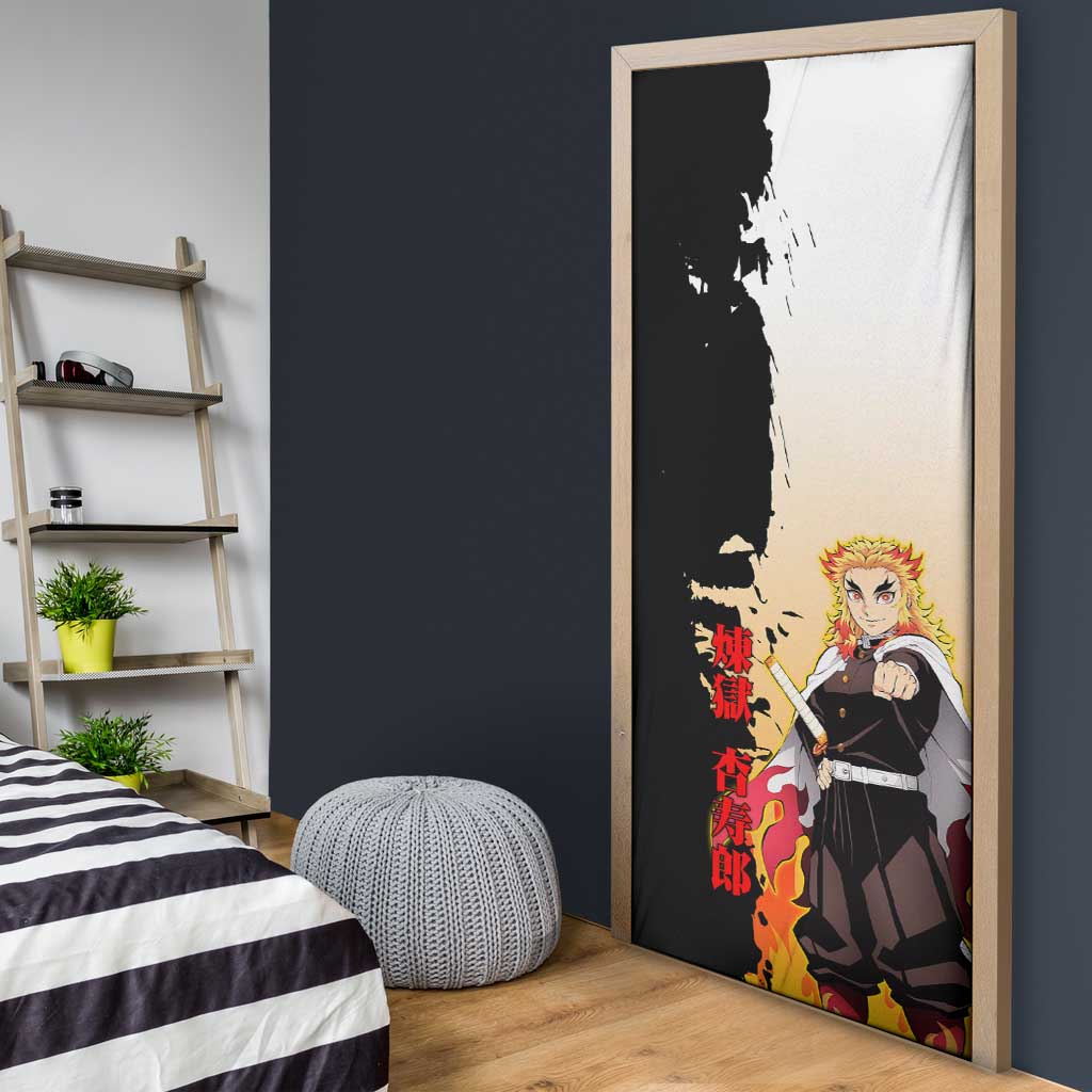 Kyojuro Rengoku from Demon Slayer Door Cover with Black and White Split Design and Fiery Manga Panel Background - The Mazicc