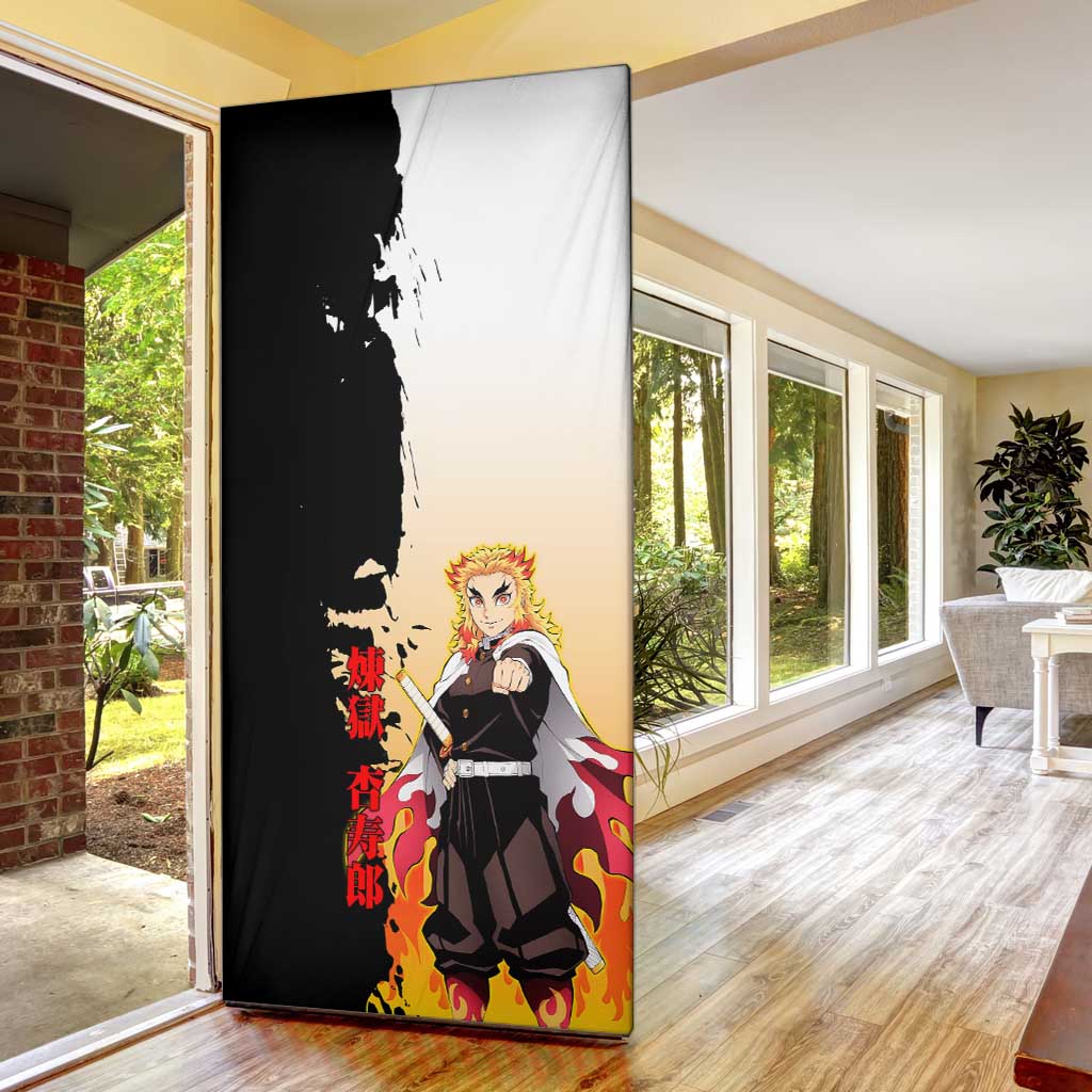 Kyojuro Rengoku from Demon Slayer Door Cover with Black and White Split Design and Fiery Manga Panel Background - The Mazicc