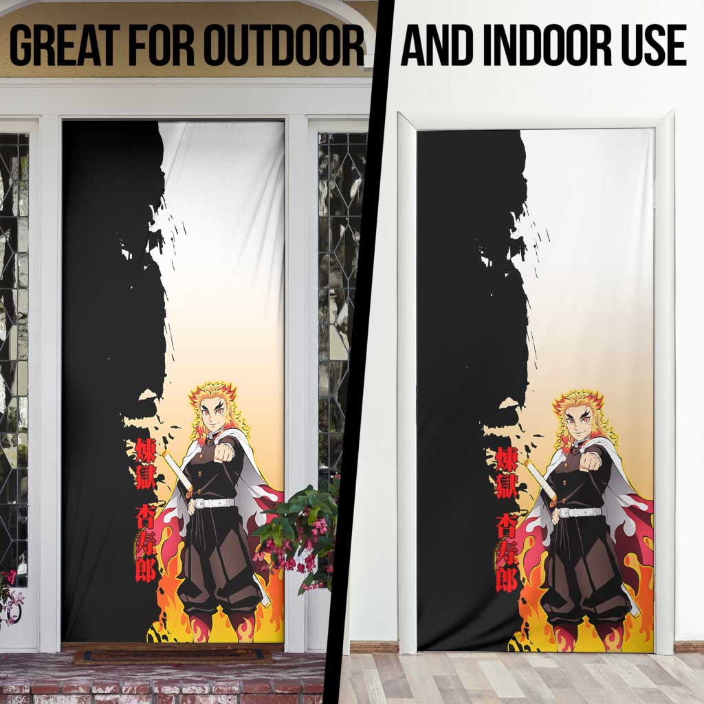 Kyojuro Rengoku from Demon Slayer Door Cover with Black and White Split Design and Fiery Manga Panel Background - The Mazicc
