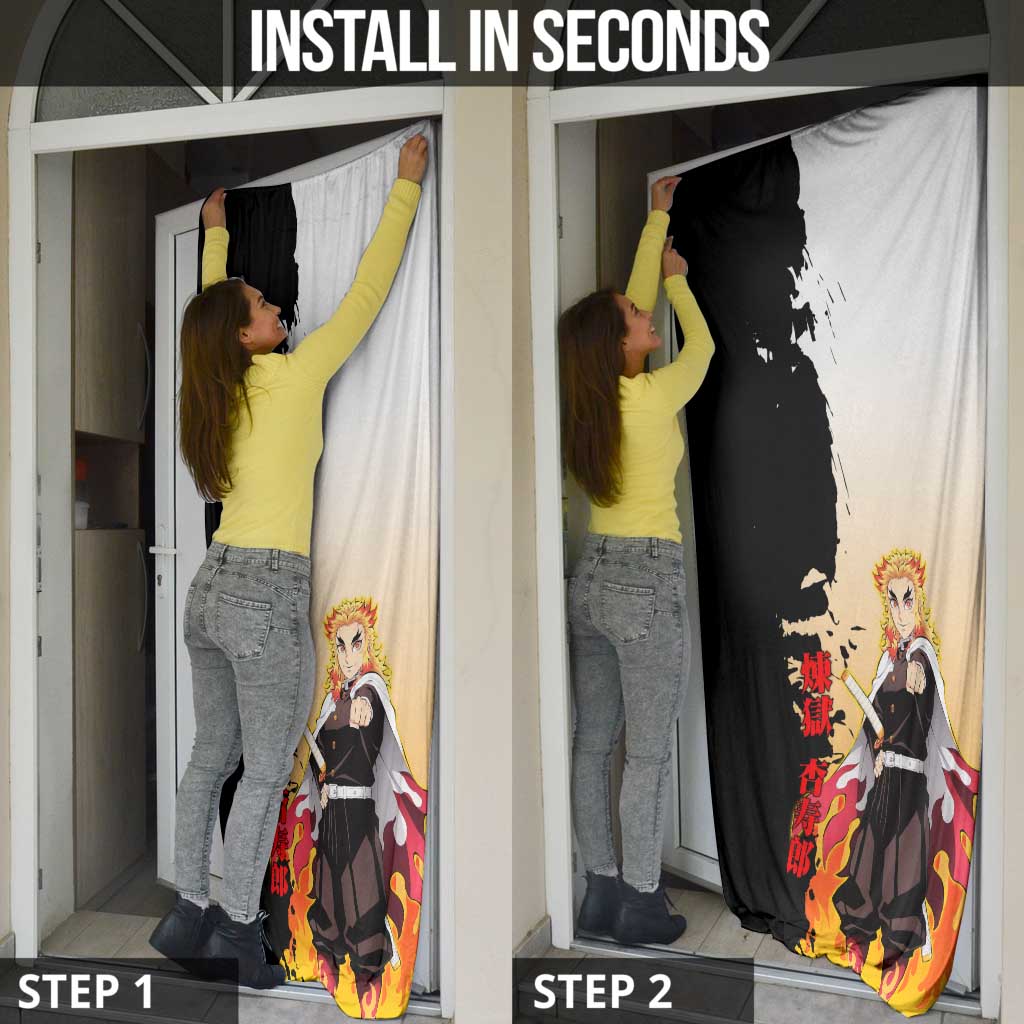 Kyojuro Rengoku from Demon Slayer Door Cover with Black and White Split Design and Fiery Manga Panel Background - The Mazicc