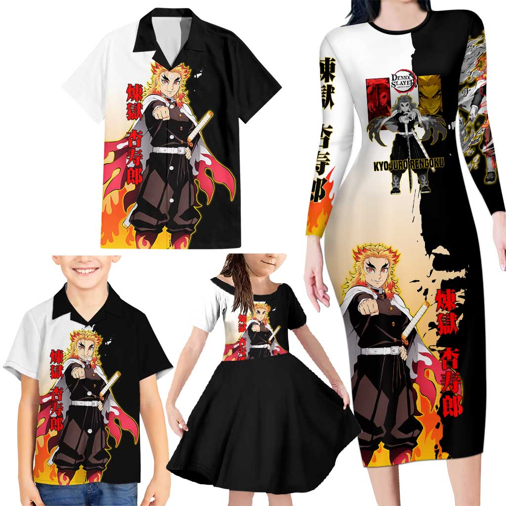 Kyojuro Rengoku from Demon Slayer Family Matching Long Sleeve Bodycon Dress and Hawaiian Shirt with Black and White Split Design and Fiery Manga Panel Background - The Mazicc