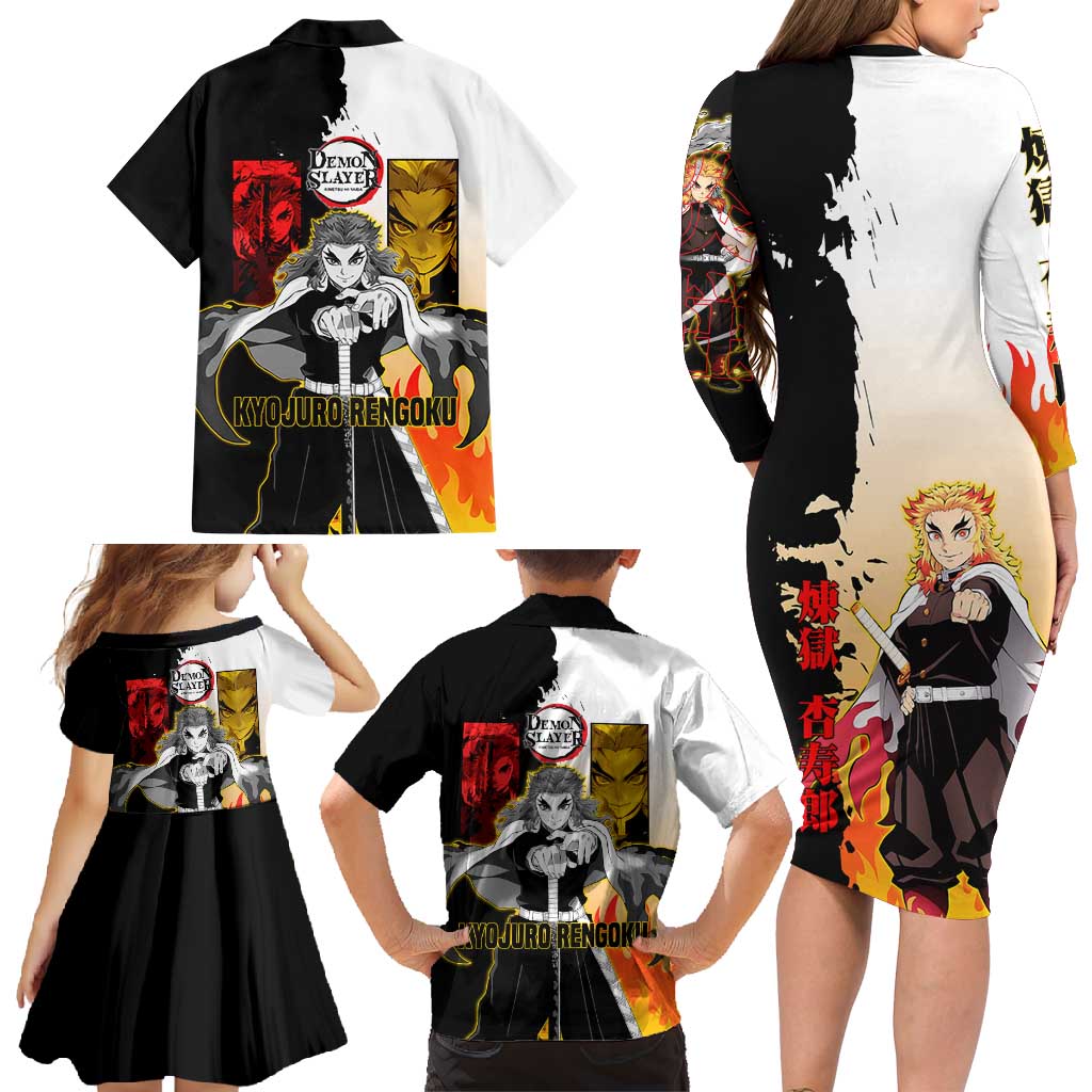 Kyojuro Rengoku from Demon Slayer Family Matching Long Sleeve Bodycon Dress and Hawaiian Shirt with Black and White Split Design and Fiery Manga Panel Background - The Mazicc