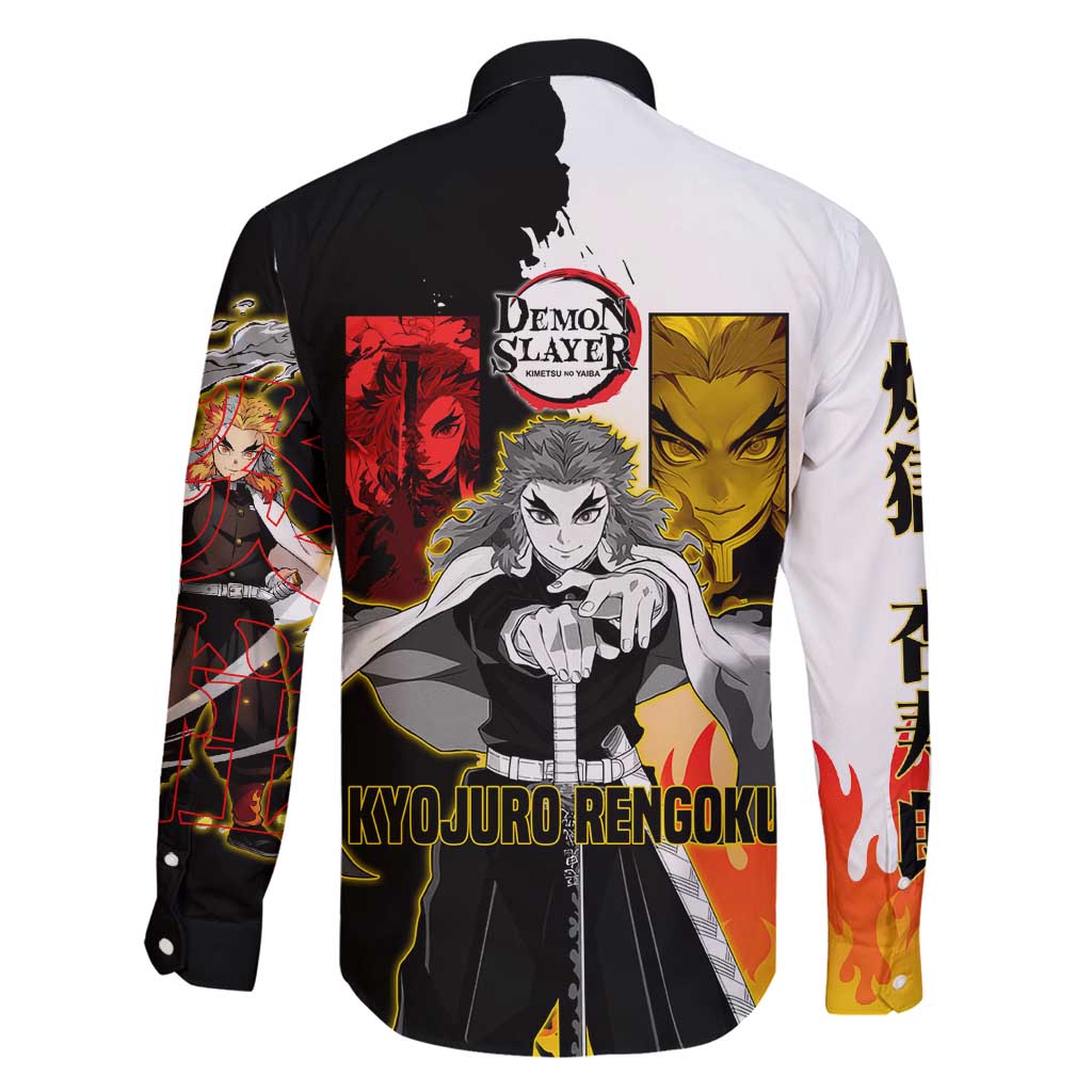Kyojuro Rengoku from Demon Slayer Family Matching Long Sleeve Bodycon Dress and Hawaiian Shirt with Black and White Split Design and Fiery Manga Panel Background - The Mazicc