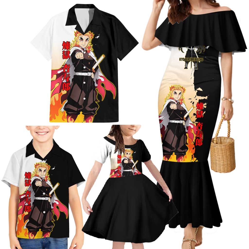 Kyojuro Rengoku from Demon Slayer Family Matching Mermaid Dress and Hawaiian Shirt with Black and White Split Design and Fiery Manga Panel Background - The Mazicc