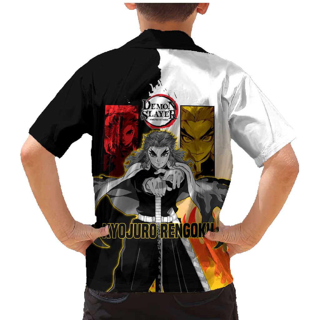 Kyojuro Rengoku from Demon Slayer Family Matching Mermaid Dress and Hawaiian Shirt with Black and White Split Design and Fiery Manga Panel Background - The Mazicc