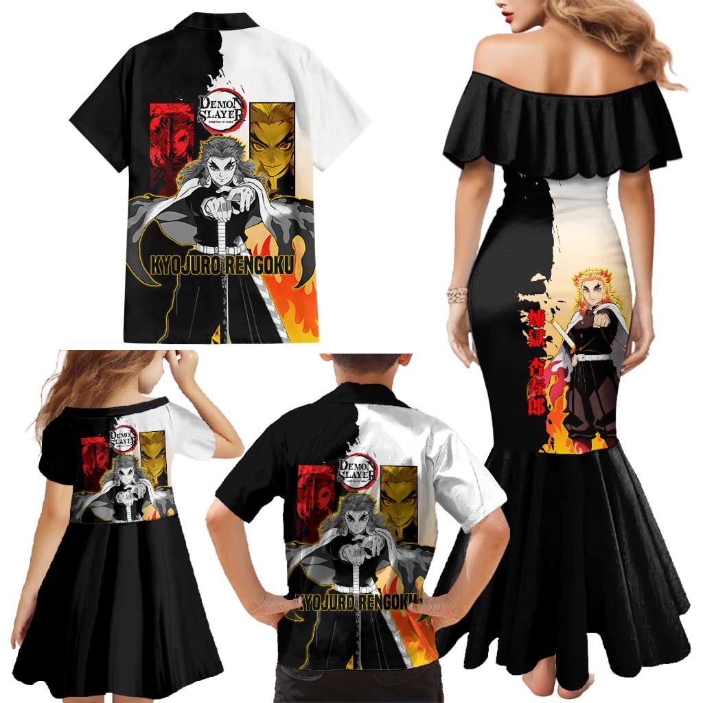 Kyojuro Rengoku from Demon Slayer Family Matching Mermaid Dress and Hawaiian Shirt with Black and White Split Design and Fiery Manga Panel Background - The Mazicc