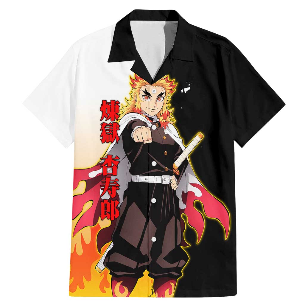 Kyojuro Rengoku from Demon Slayer Family Matching Mermaid Dress and Hawaiian Shirt with Black and White Split Design and Fiery Manga Panel Background - The Mazicc