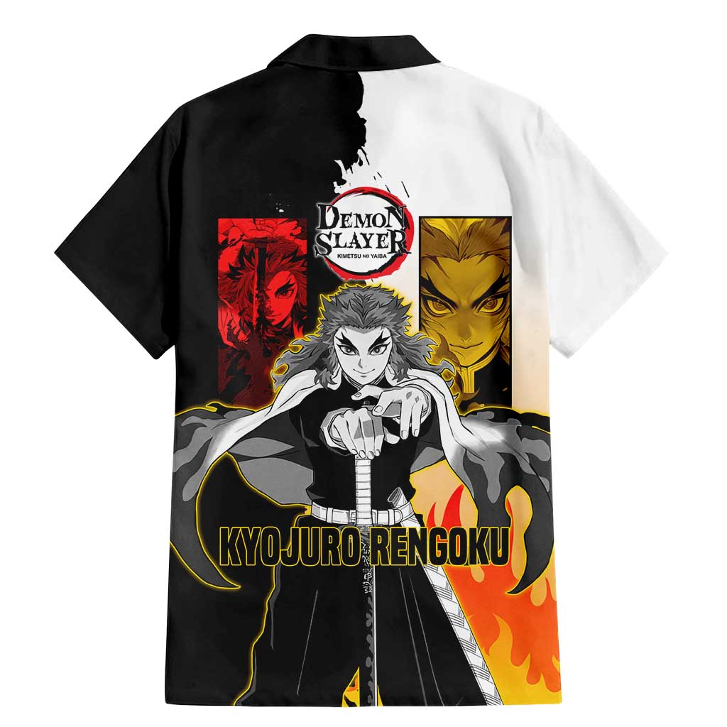 Kyojuro Rengoku from Demon Slayer Family Matching Mermaid Dress and Hawaiian Shirt with Black and White Split Design and Fiery Manga Panel Background - The Mazicc