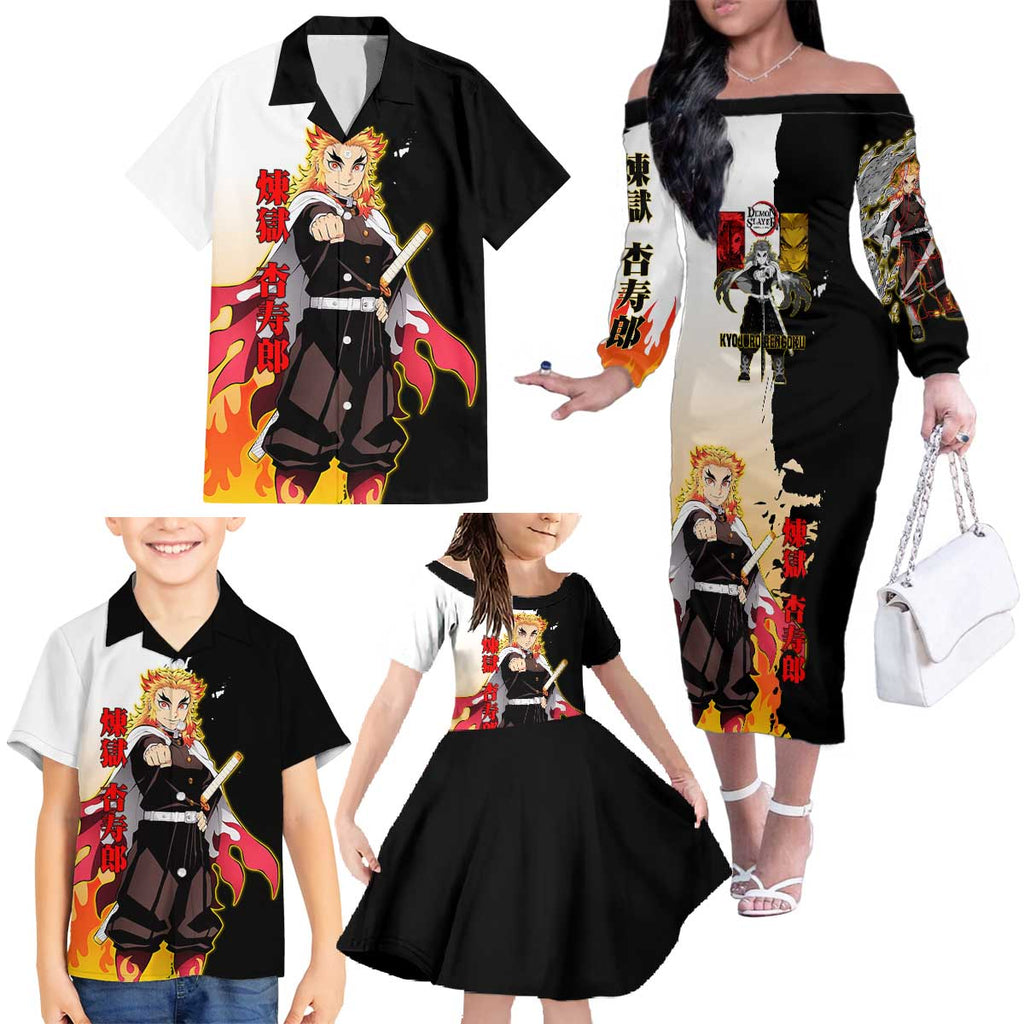 Kyojuro Rengoku from Demon Slayer Family Matching Off The Shoulder Long Sleeve Dress and Hawaiian Shirt with Black and White Split Design and Fiery Manga Panel Background - The Mazicc