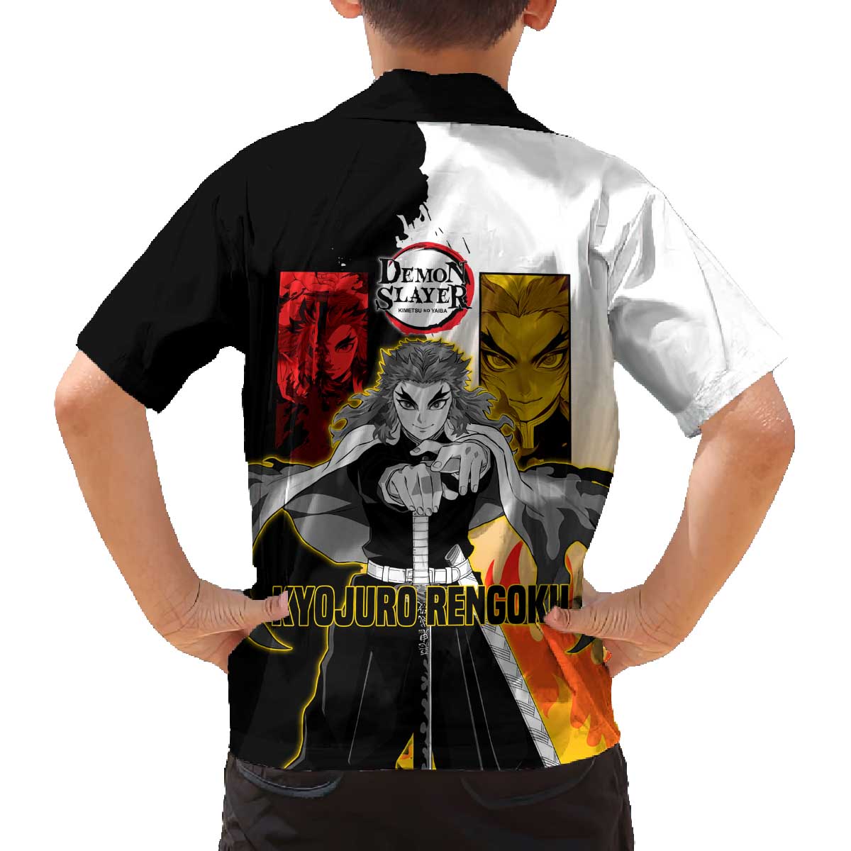 Kyojuro Rengoku from Demon Slayer Family Matching Off The Shoulder Long Sleeve Dress and Hawaiian Shirt with Black and White Split Design and Fiery Manga Panel Background - The Mazicc