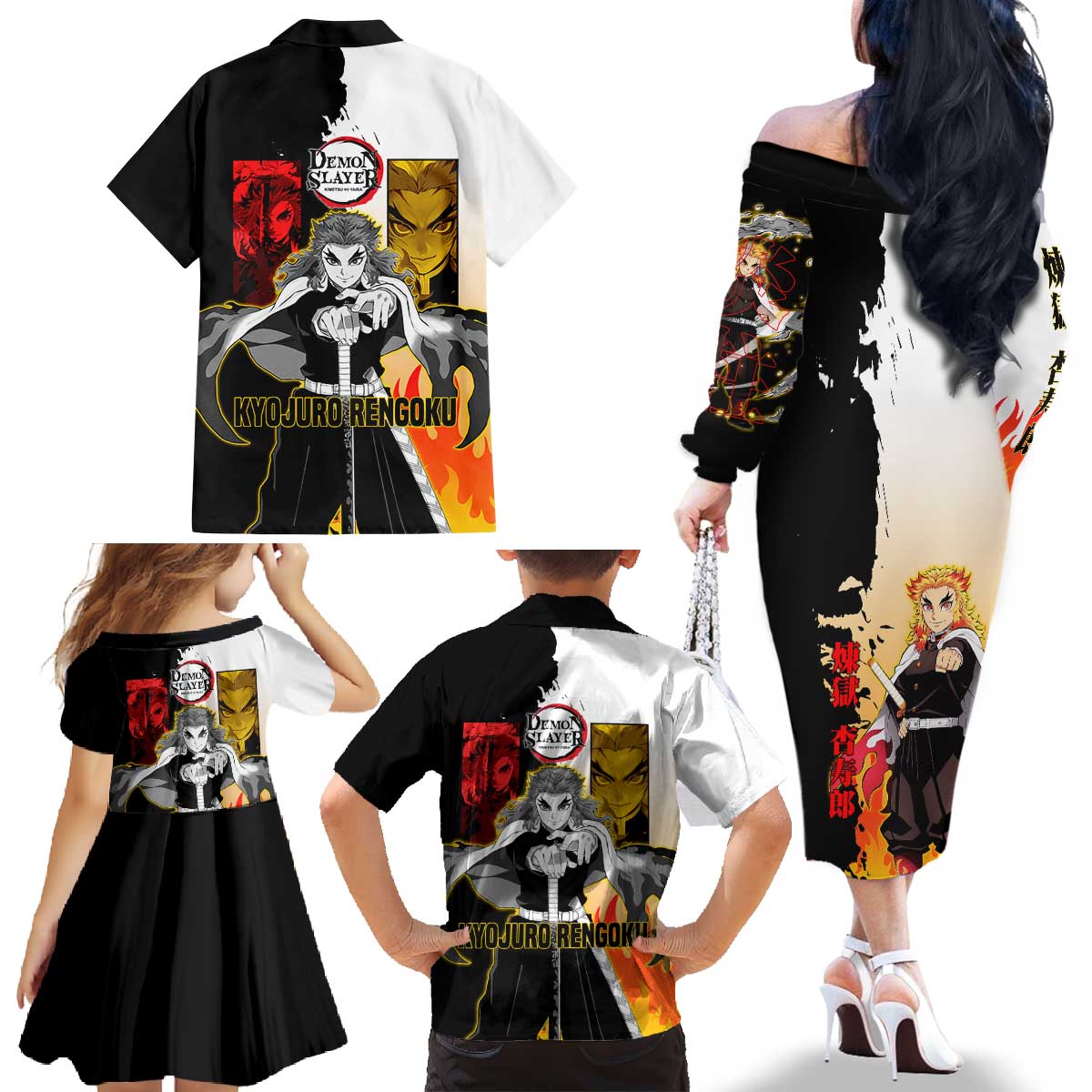 Kyojuro Rengoku from Demon Slayer Family Matching Off The Shoulder Long Sleeve Dress and Hawaiian Shirt with Black and White Split Design and Fiery Manga Panel Background - The Mazicc