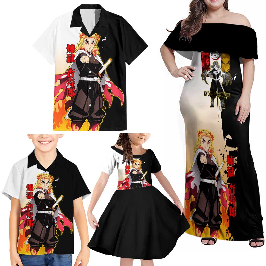 Kyojuro Rengoku from Demon Slayer Family Matching Off Shoulder Maxi Dress and Hawaiian Shirt with Black and White Split Design and Fiery Manga Panel Background - The Mazicc